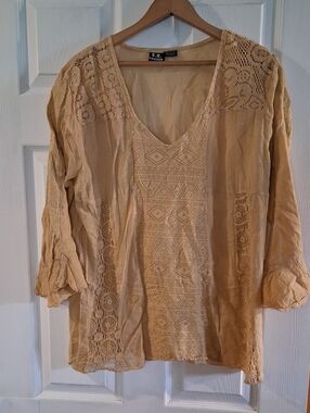 S.R. Collection Cream Crochet V‑Neck Tunic Blouse 100% Cotton